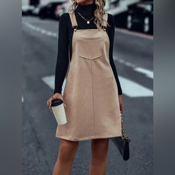 Tan Faux Suede Jumper Dress | Overall | Size Large Women’s - Picture 10 of 12